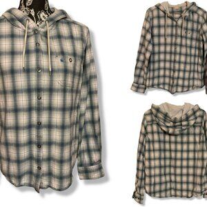 Carhartt Hooide Drawstring Button Pocket Plaid Flannel Shirt Women M 8/10 Blue